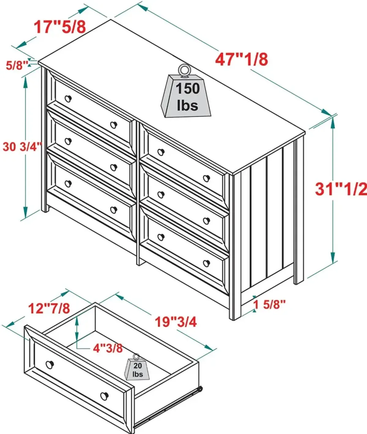 Oakland White 6-Drawer Dresser