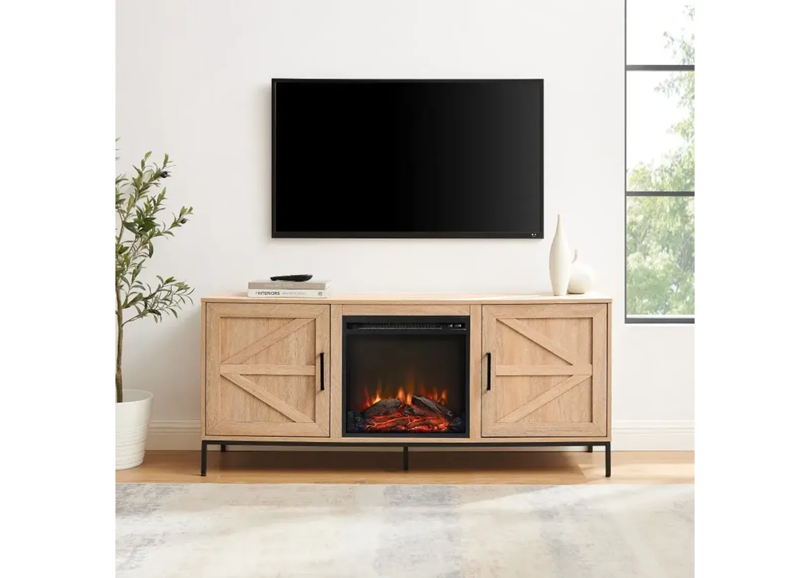 Houston Coastal Oak 58" Barn Door Fireplace TV Stand