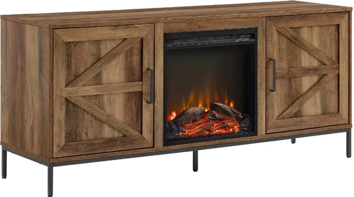 Houston Rustic Oak 58" Barn Door Fireplace TV Stand