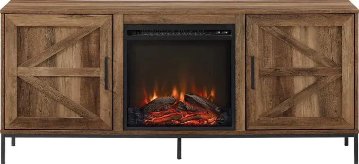 Houston Rustic Oak 58" Barn Door Fireplace TV Stand