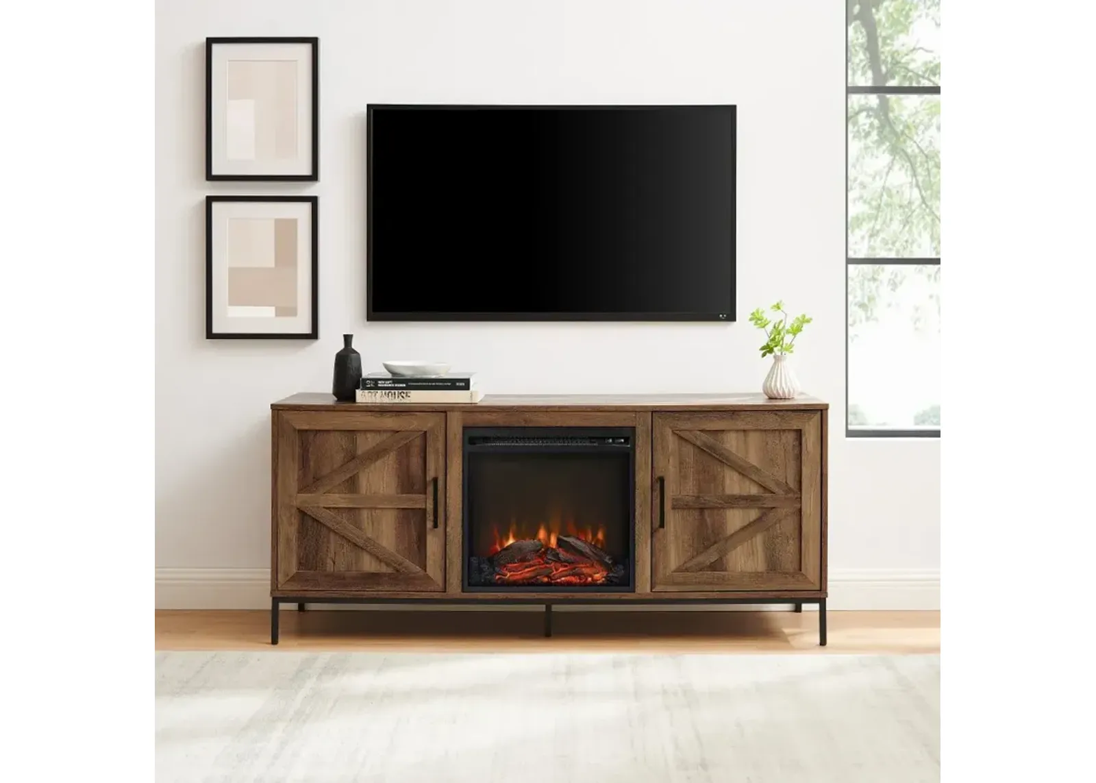 Houston Rustic Oak 58" Barn Door Fireplace TV Stand