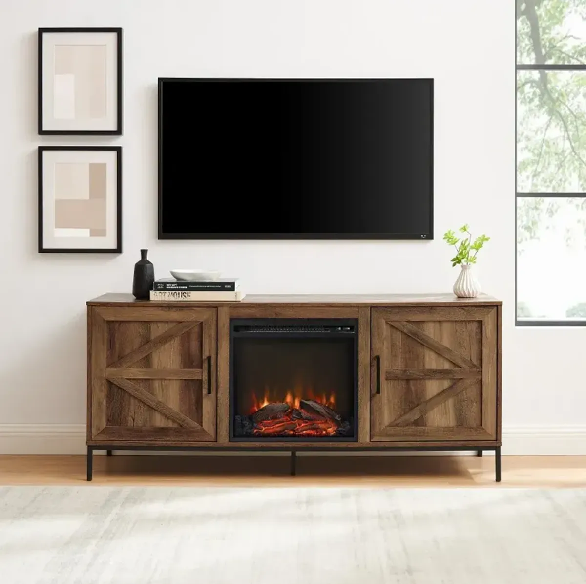 Houston Rustic Oak 58" Barn Door Fireplace TV Stand