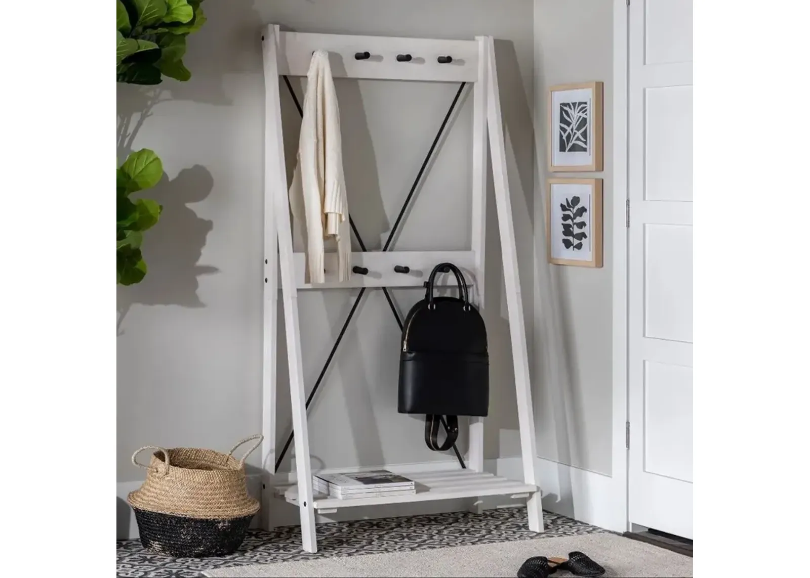 Frankie White Wash Hall Tree with Shoe Storage