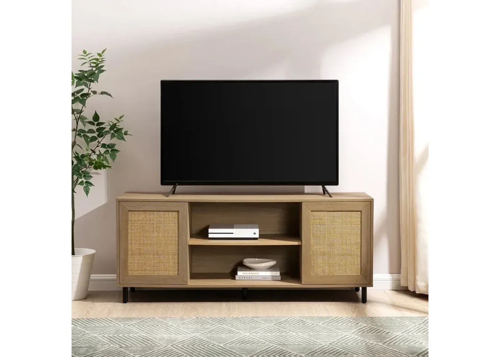 Jillian Coastal Oak Rattan-Door 58" TV Stand