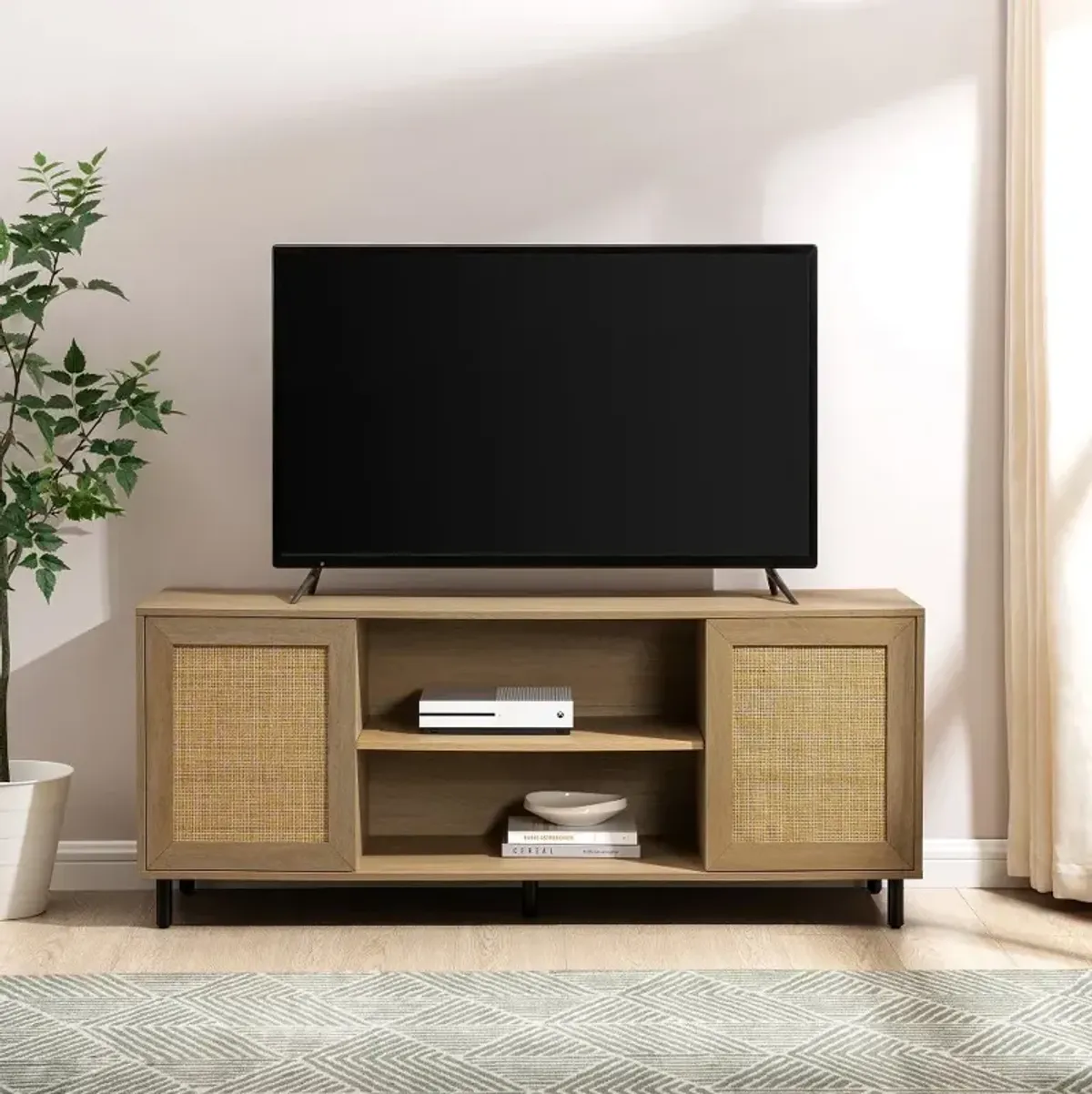 Jillian Coastal Oak Rattan-Door 58" TV Stand