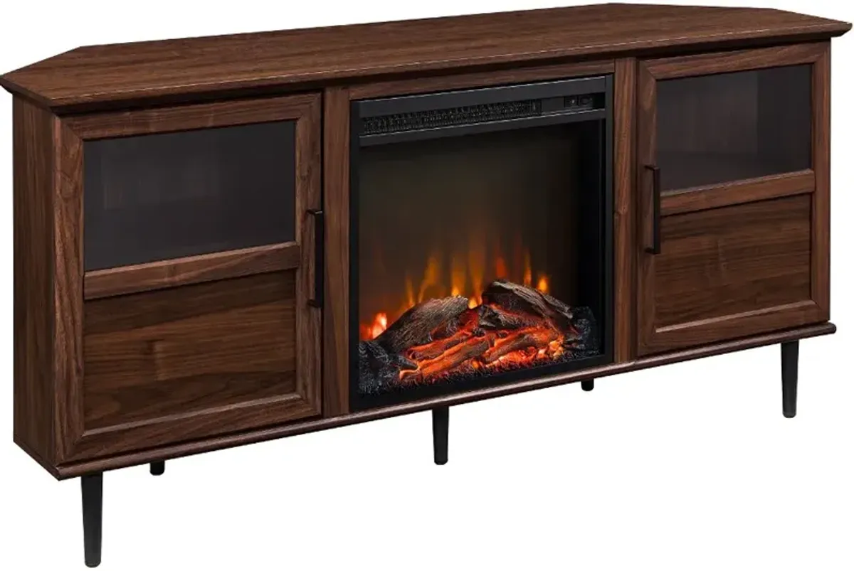 Owen Dark Walnut 54" Corner TV Stand with Fireplace