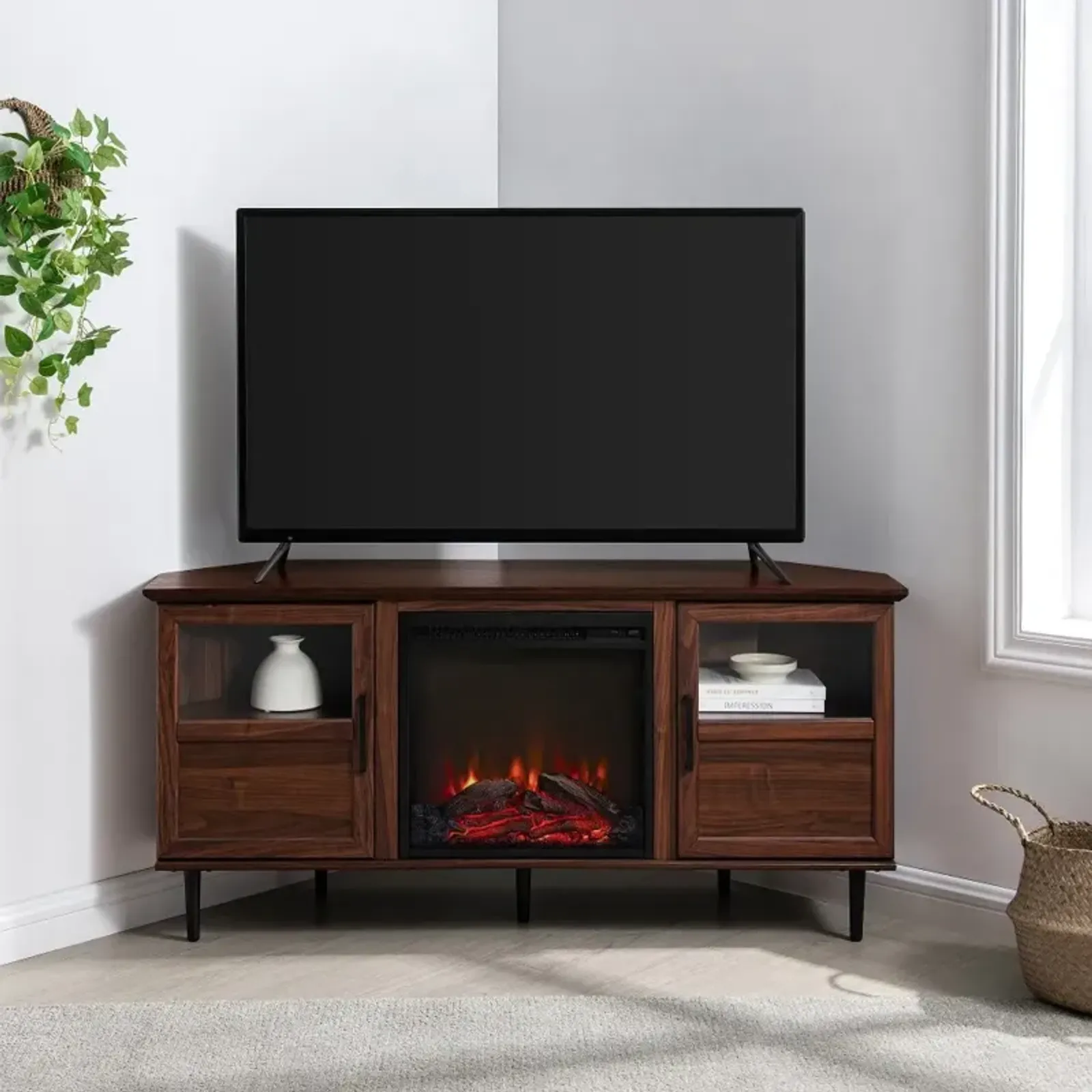 Owen Dark Walnut 54" Corner TV Stand with Fireplace