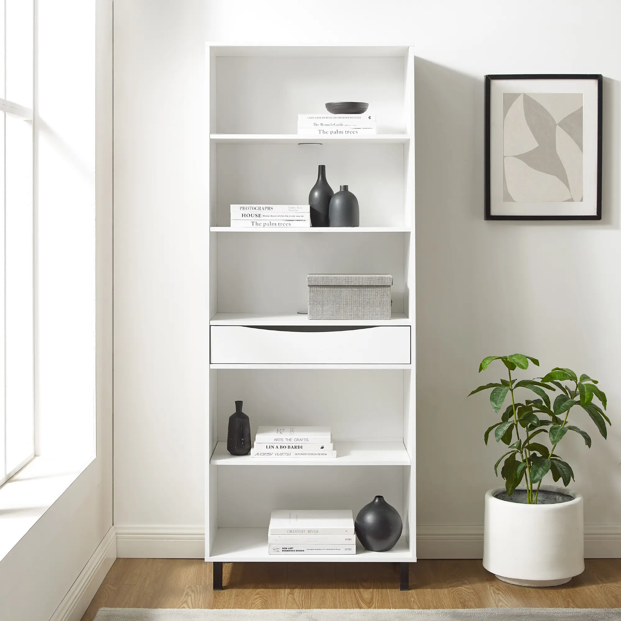 Ryder White 5-Shelf Bookcase with Drawer