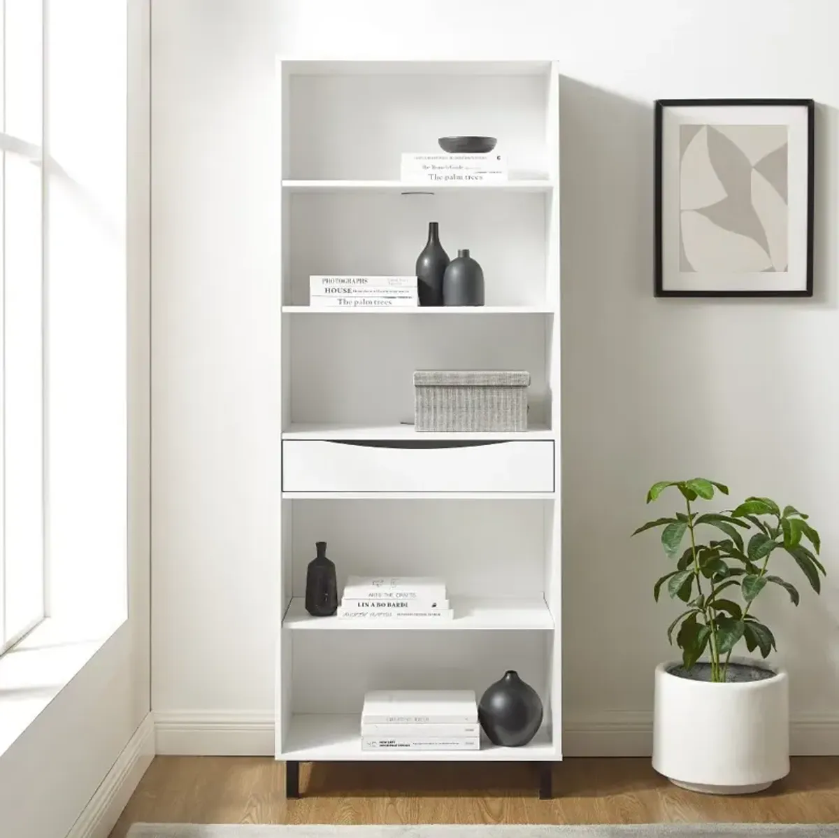 Ryder White 5-Shelf Bookcase with Drawer