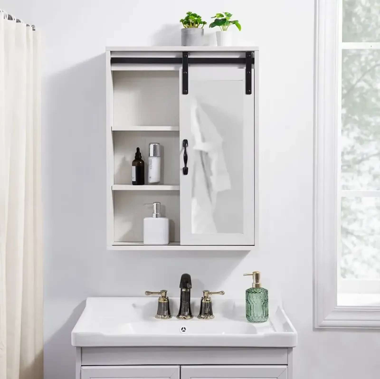 Sliding Mirrored Barn Door White Wall Cabinet