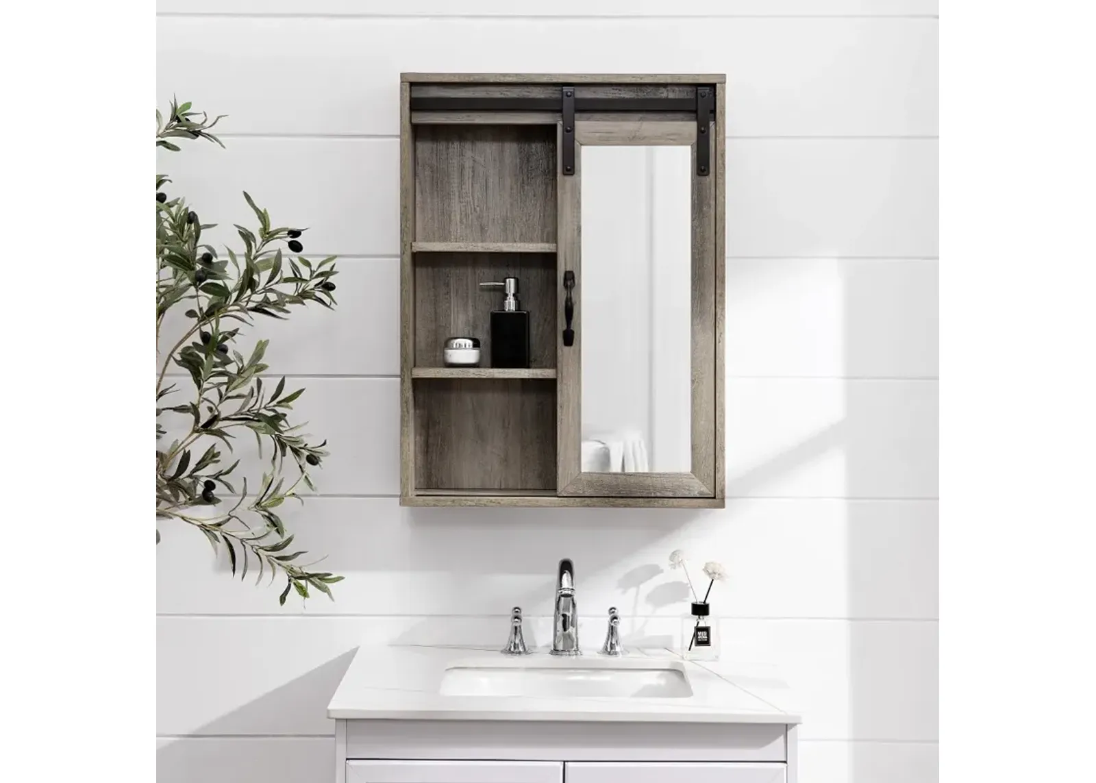 Sliding Mirrored Barn Door Gray Wall Cabinet