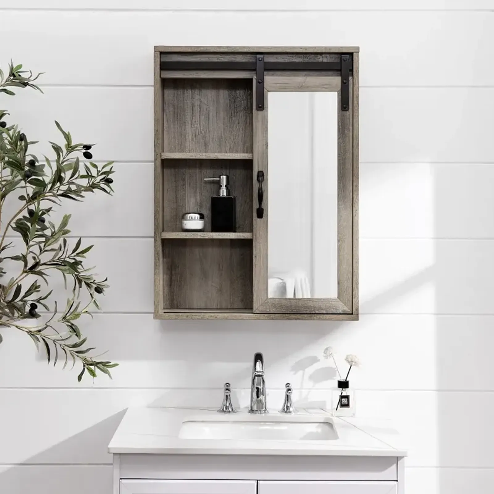 Sliding Mirrored Barn Door Gray Wall Cabinet