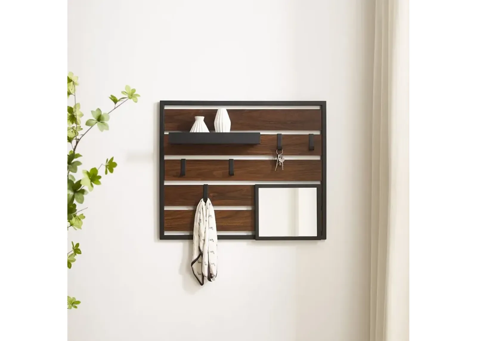 Slat Dark Walnut Wood and Metal Wall Organizer