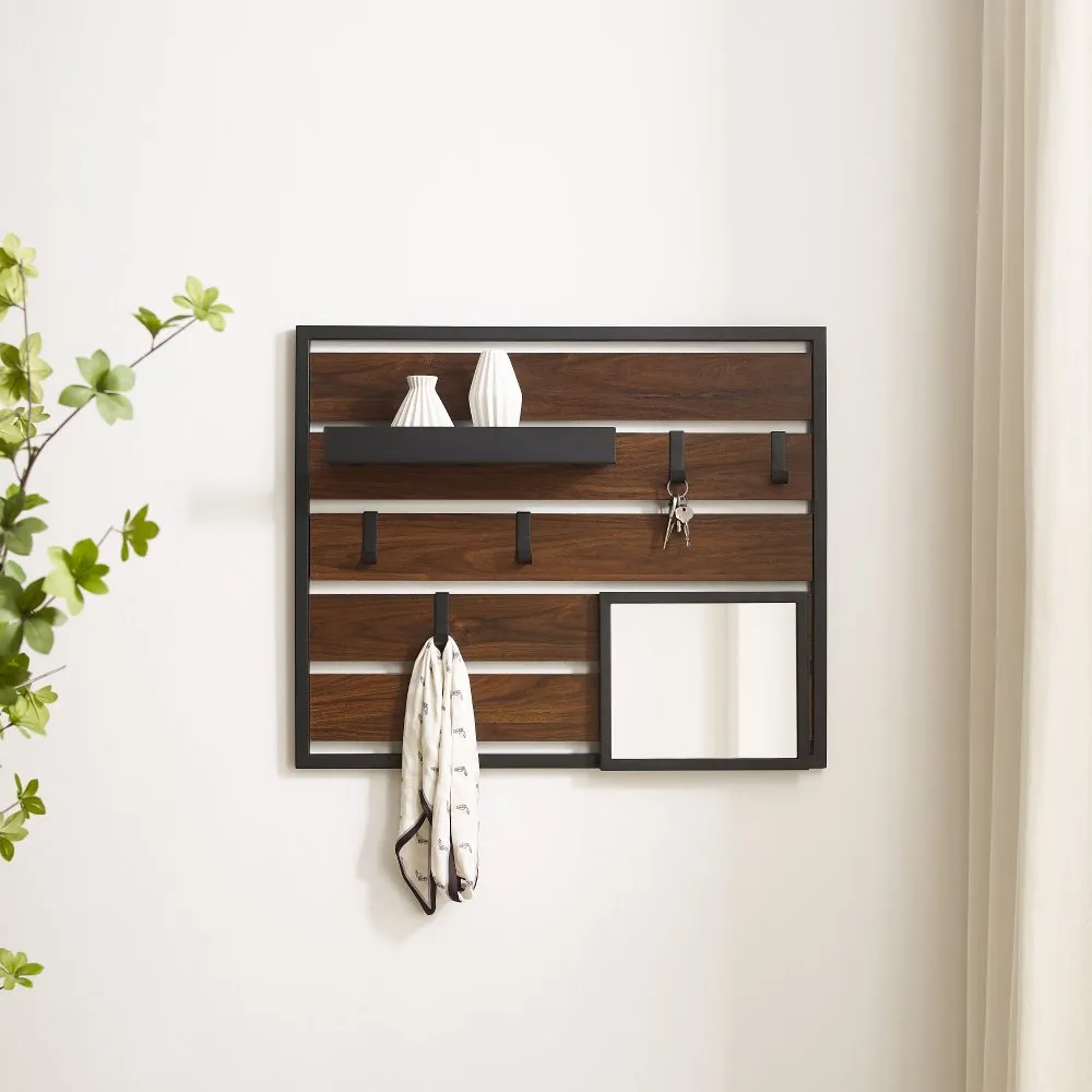 Slat Dark Walnut Wood and Metal Wall Organizer