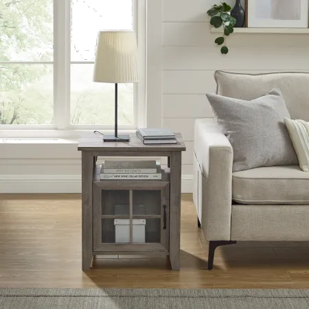 Simplicity Gray Wash Side Table with Glass Door