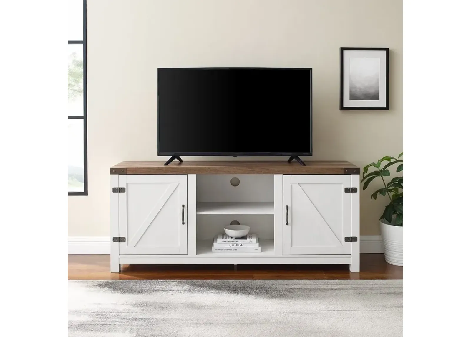 Barn Door Modern Farmhouse White & Oak 59" TV Stand