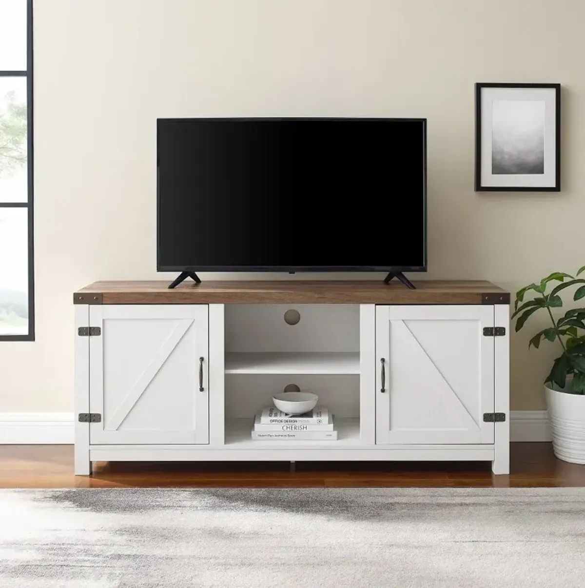 Barn Door Modern Farmhouse White & Oak 59" TV Stand