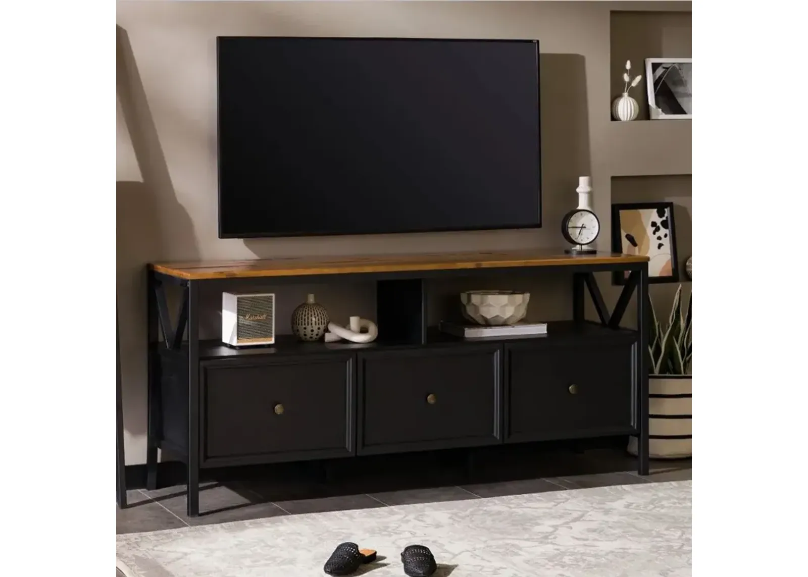 Natalee 60" Distressed Black & Oak 3-Drawer TV Stand