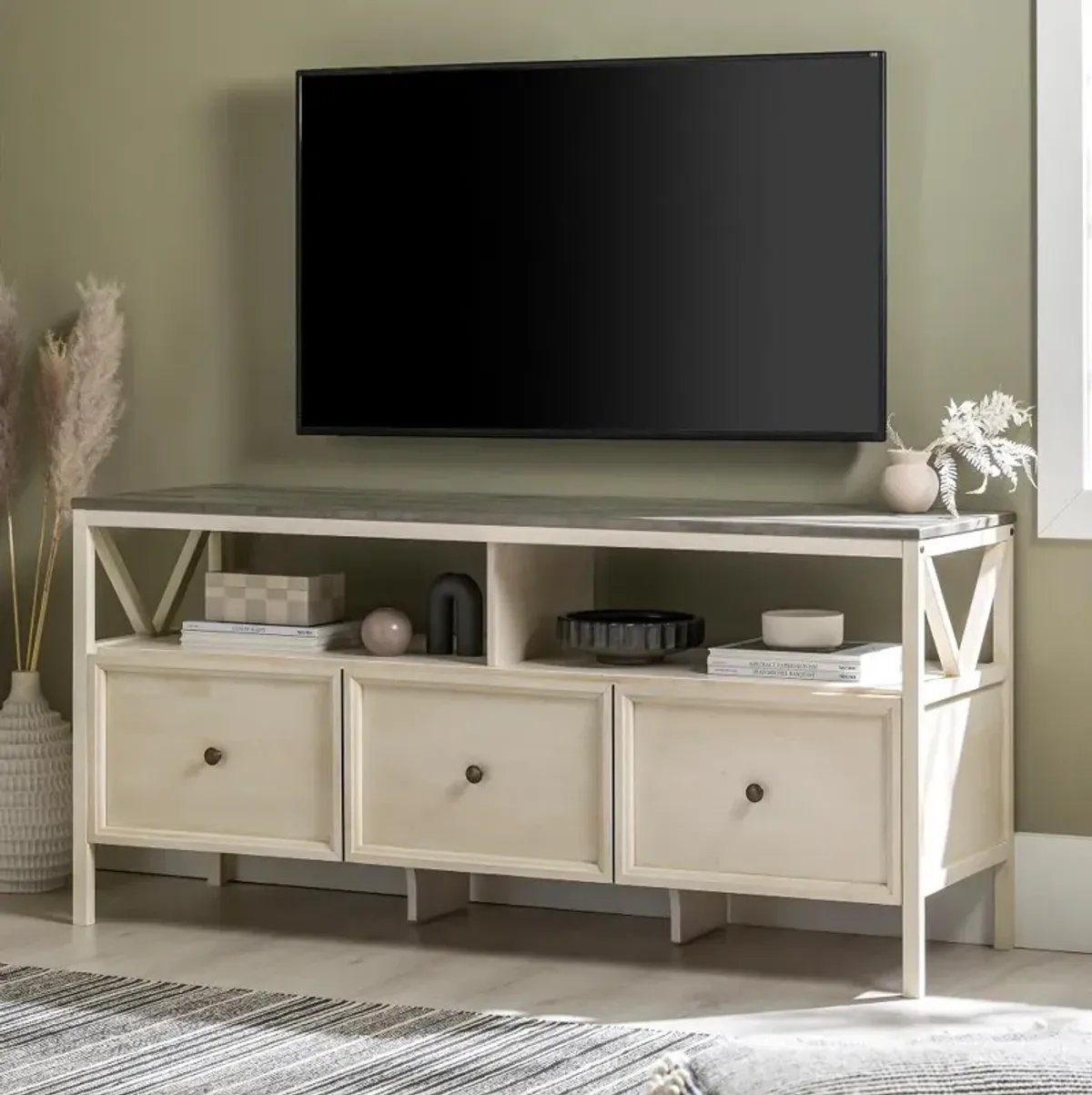 Natalee 60" Distressed White & Gray 3-Drawer TV Stand