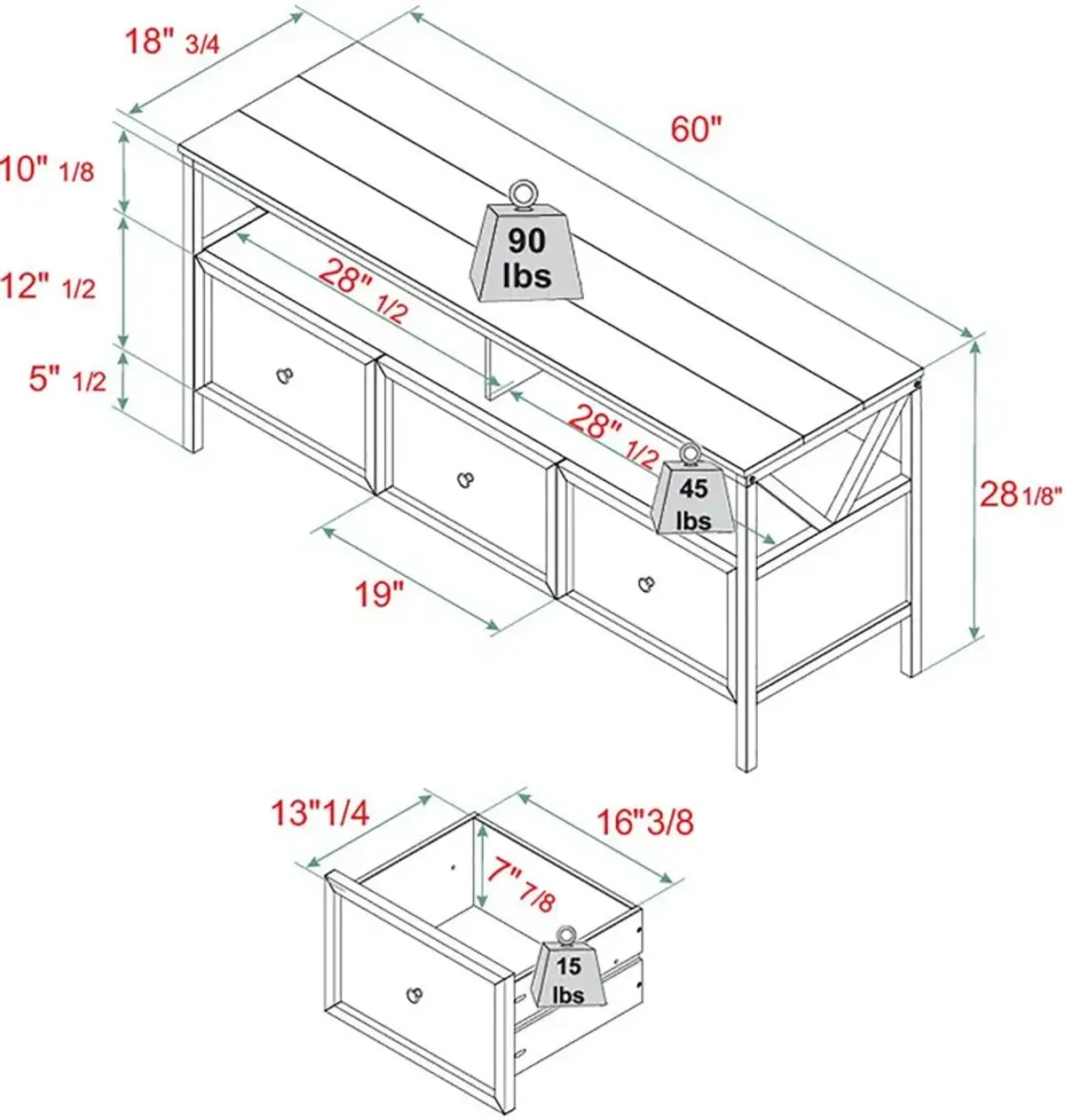 Natalee 60" Distressed White & Gray 3-Drawer TV Stand