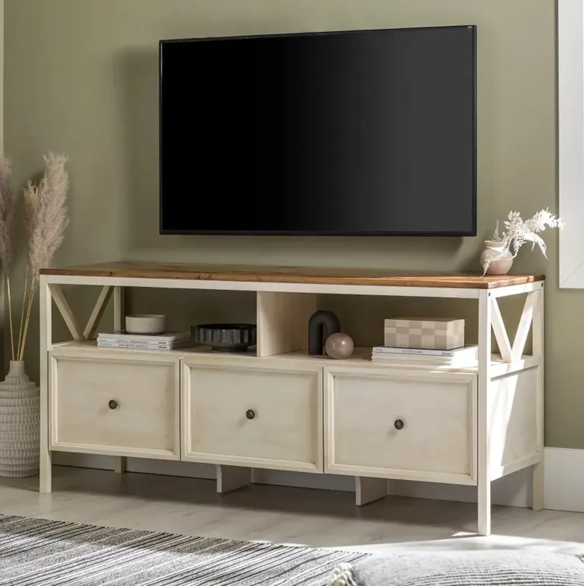 Natalee 60" Distressed White & Oak 3-Drawer TV Stand