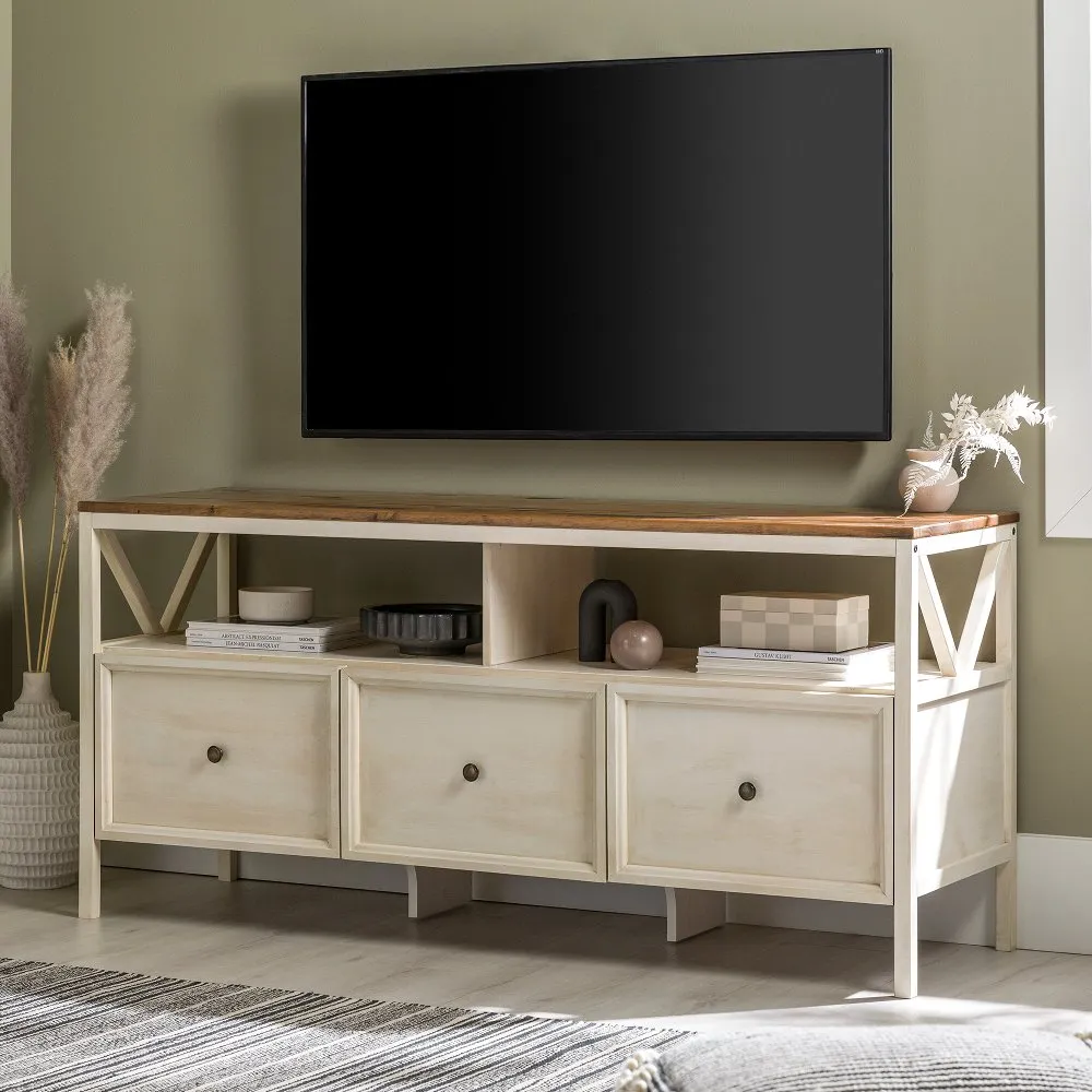 Natalee 60" Distressed White & Oak 3-Drawer TV Stand