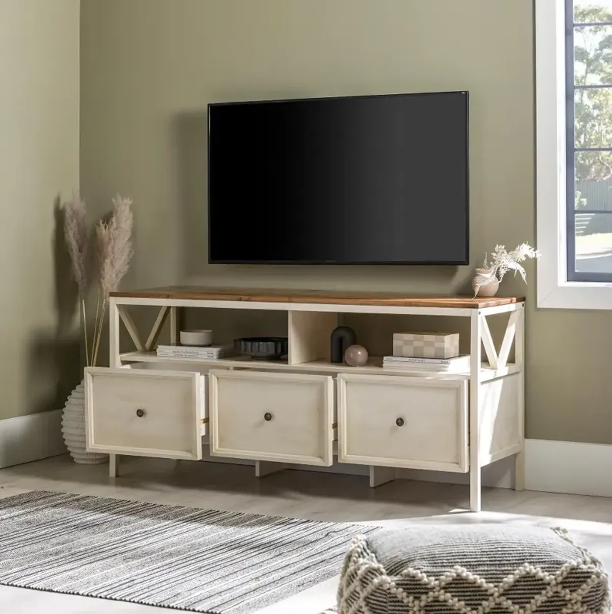 Natalee 60" Distressed White & Oak 3-Drawer TV Stand