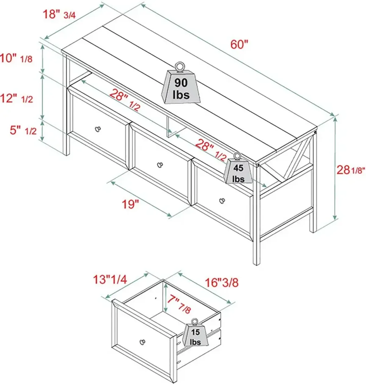 Natalee 60" Distressed White & Oak 3-Drawer TV Stand