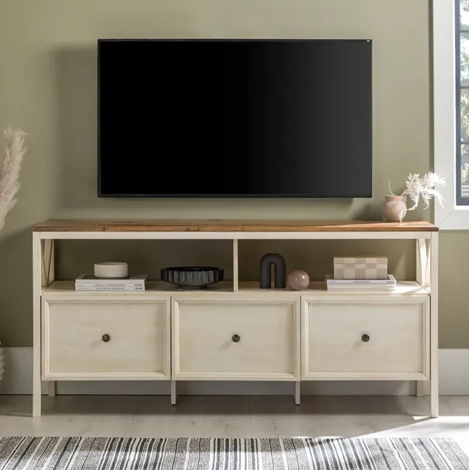 Natalee 60" Distressed White & Oak 3-Drawer TV Stand