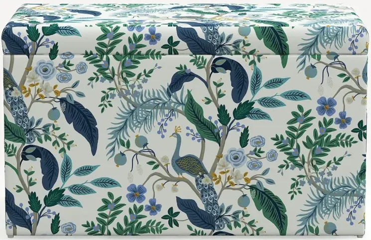 Rifle Paper Co. Willie Blue & White Peacock Storage Bench