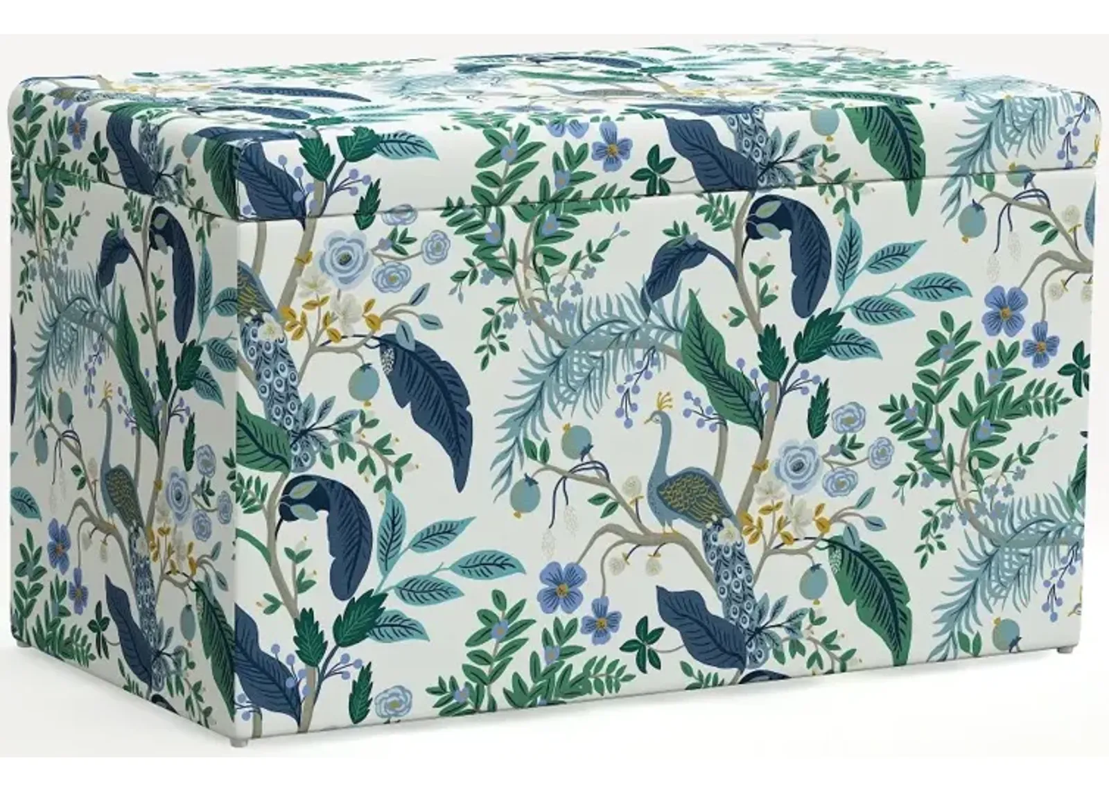 Rifle Paper Co. Willie Blue & White Peacock Storage Bench