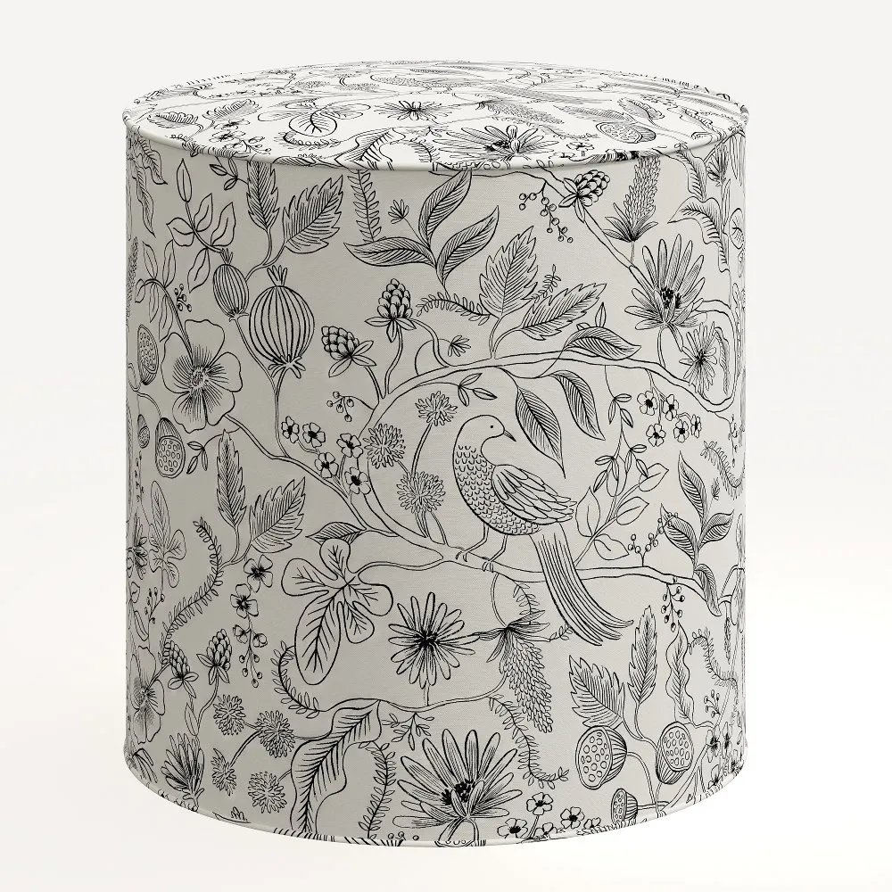 Rifle Paper Co. Billie Aviary Cream & Black Round Ottoman