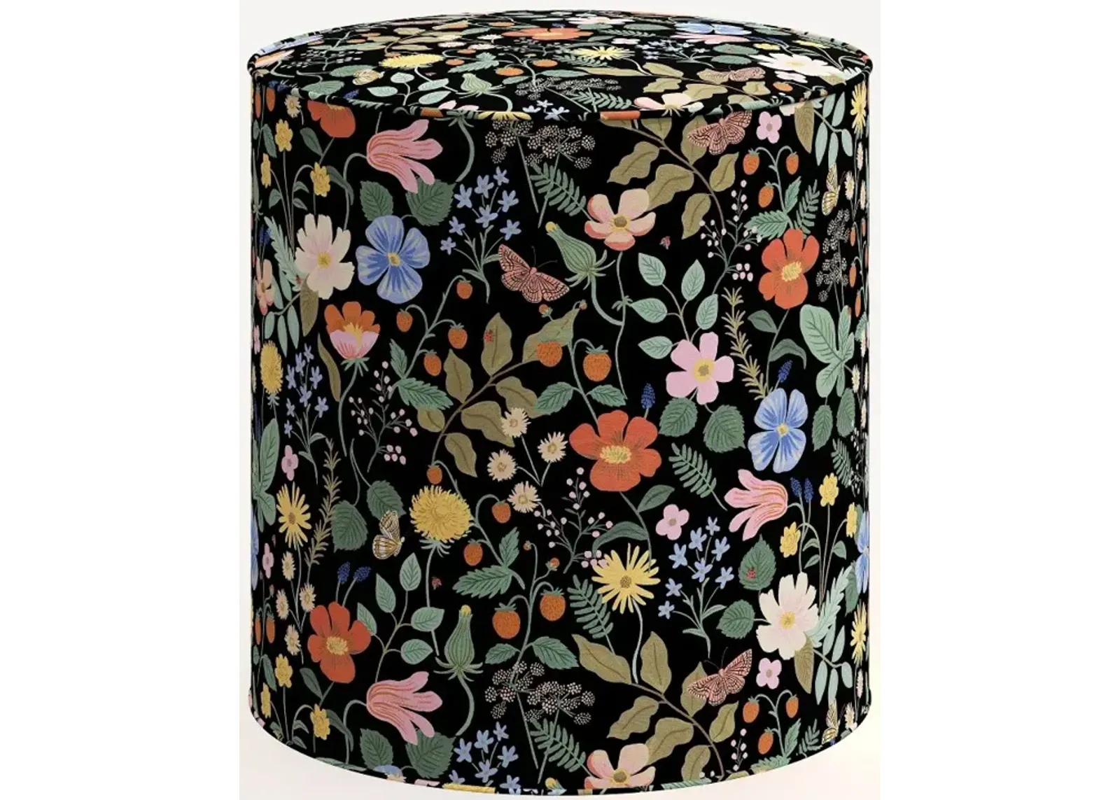 Rifle Paper Co. Billie Black Strawberry Fields Round Ottoman