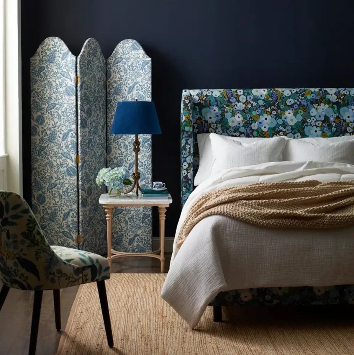 Rifle Paper Co Hawthorne Garden Party Blue Full Wingback Bed