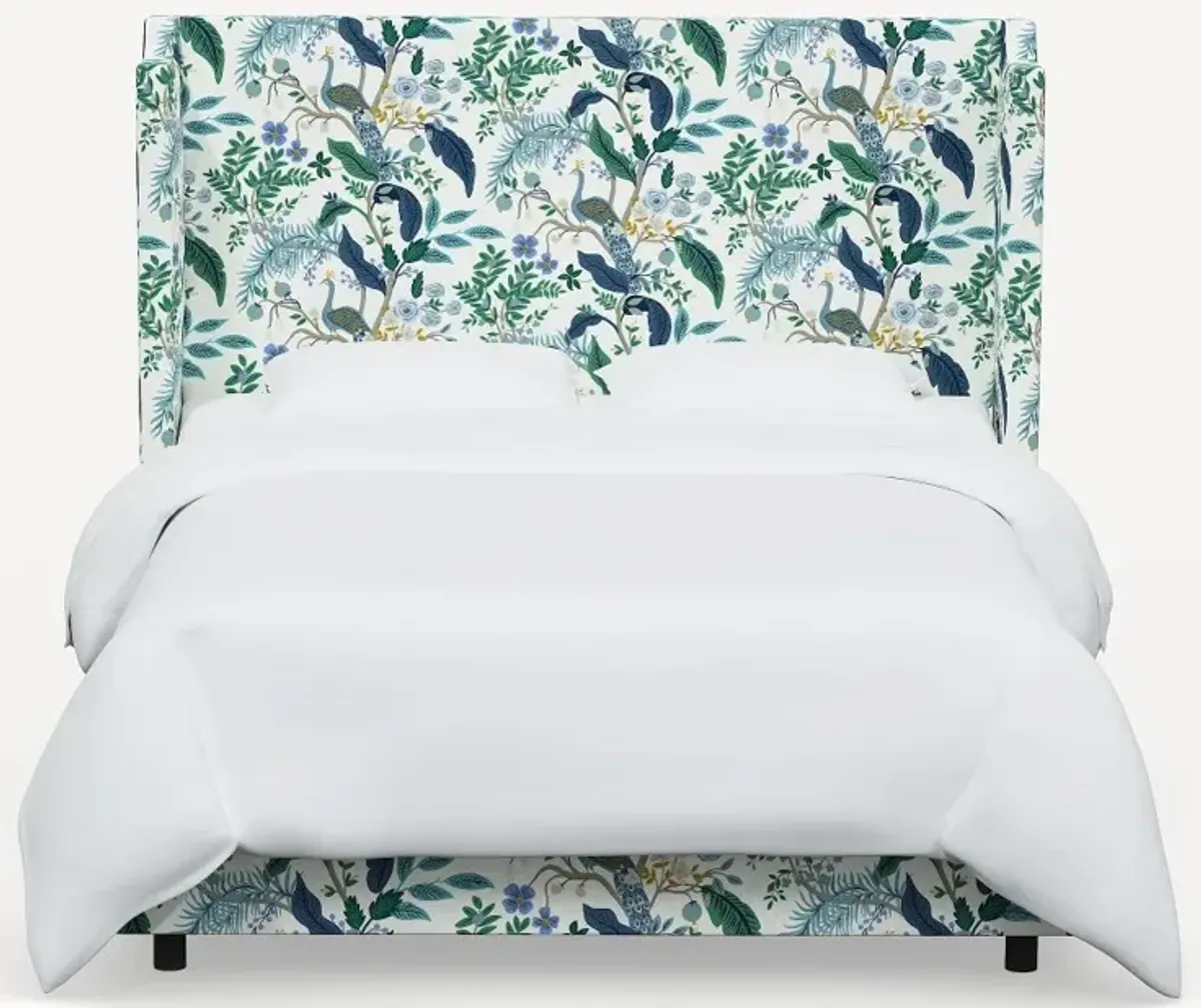 Rifle Paper Co Hawthorne Blue Peacock Queen Wingback Bed