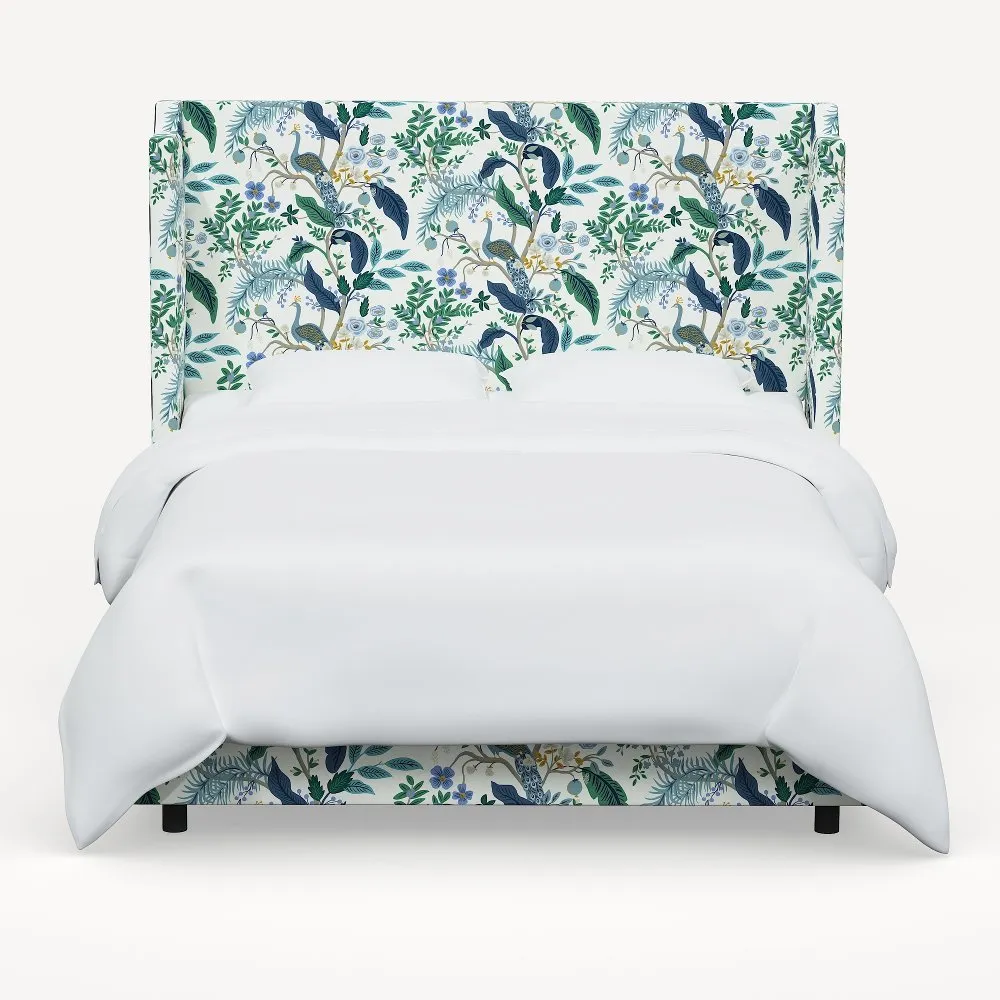 Rifle Paper Co Hawthorne Blue Peacock Cal-King Wingback Bed