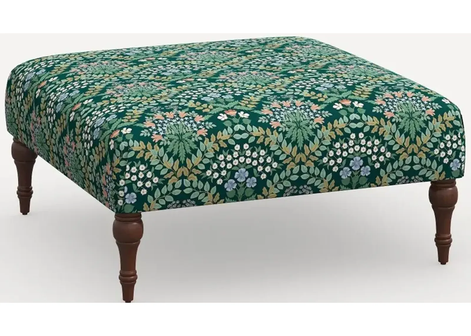 Rifle Paper Co. Greenwich Bramble Emerald Ottoman with Espresso Legs