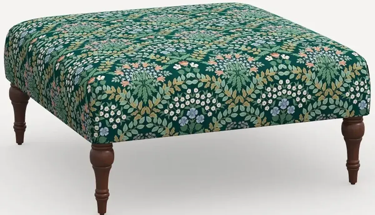 Rifle Paper Co. Greenwich Bramble Emerald Ottoman with Espresso Legs