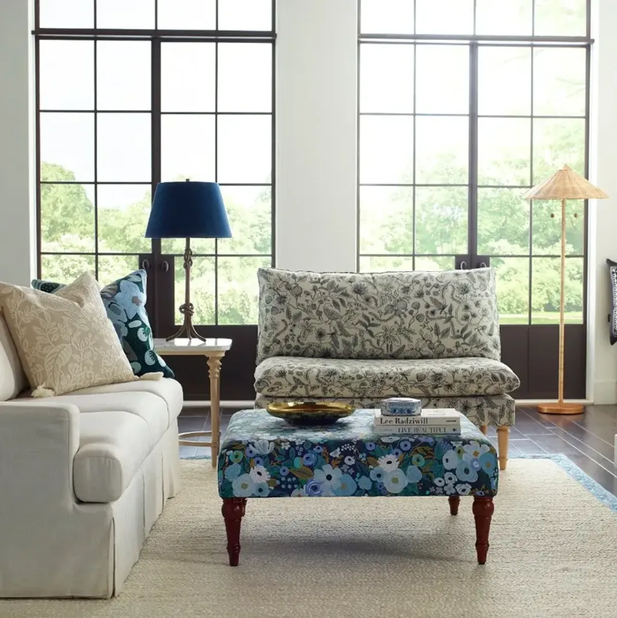 Rifle Paper Co. Greenwich Garden Party Blue Ottoman with Espresso Legs