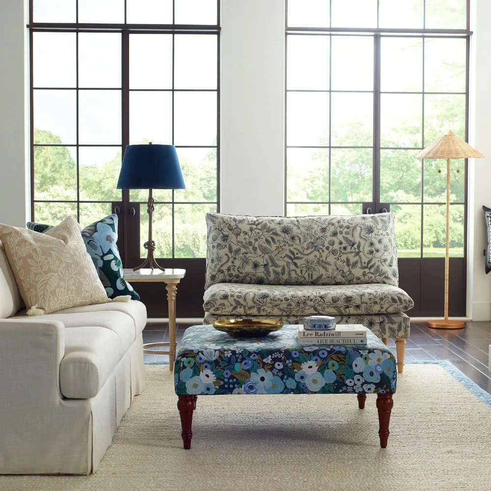 Rifle Paper Co. Greenwich Garden Party Blue Ottoman with Espresso Legs