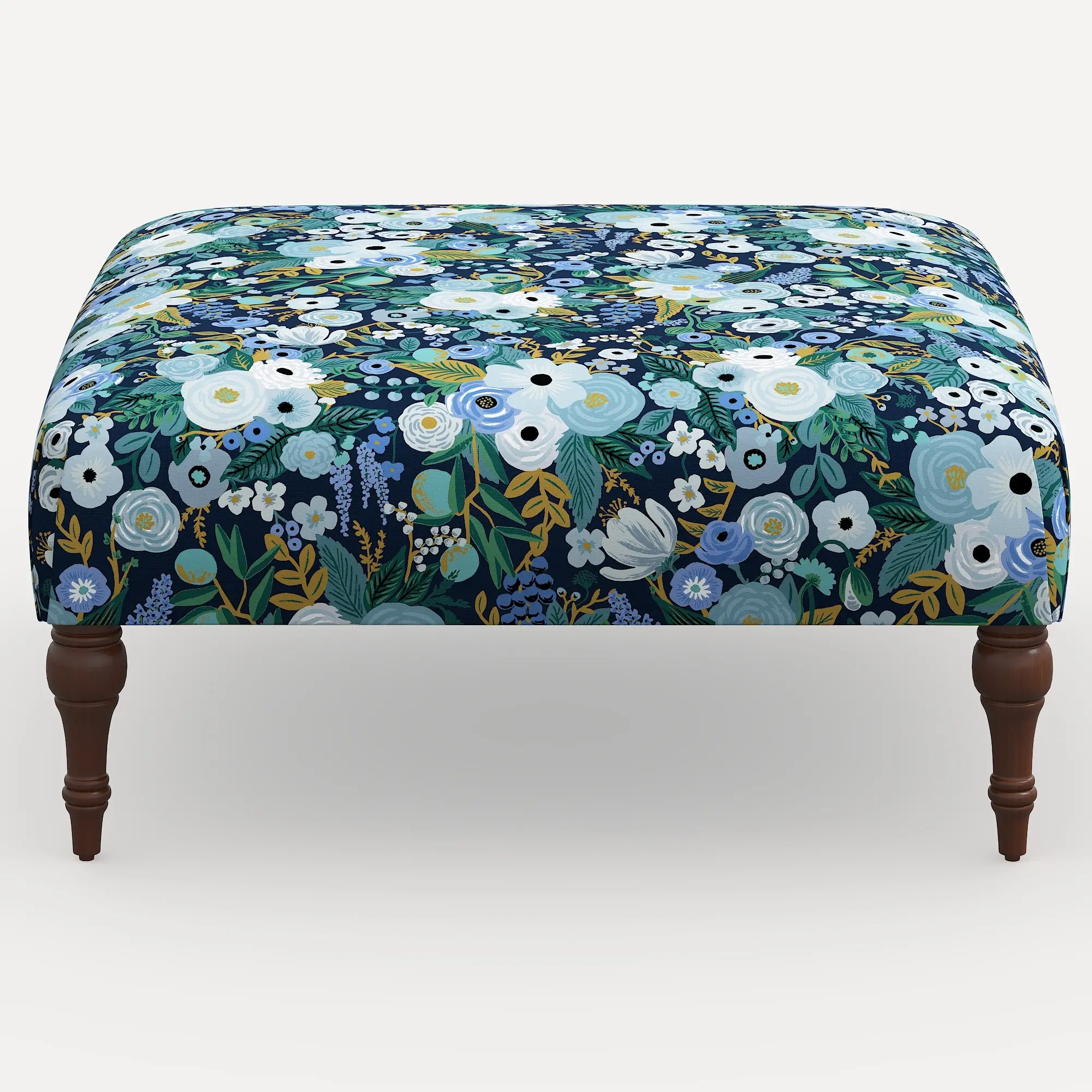 Rifle Paper Co. Greenwich Garden Party Blue Ottoman with Espresso Legs