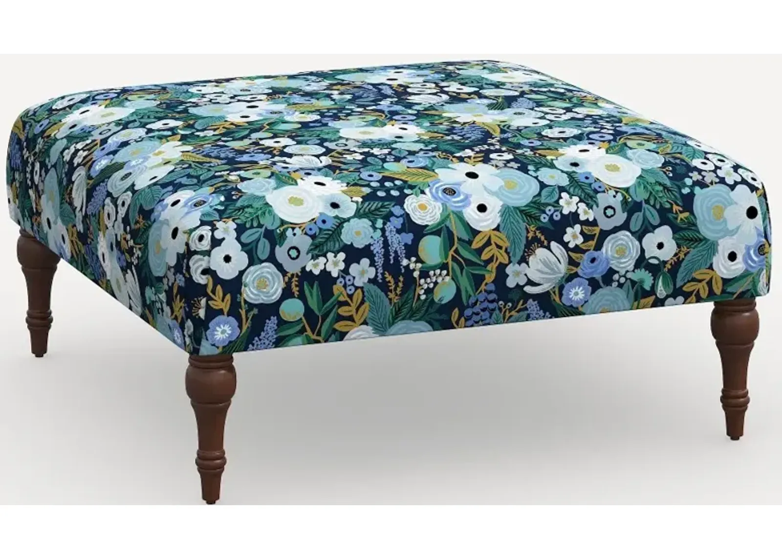 Rifle Paper Co. Greenwich Garden Party Blue Ottoman with Espresso Legs