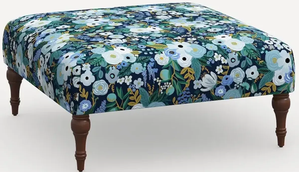 Rifle Paper Co. Greenwich Garden Party Blue Ottoman with Espresso Legs