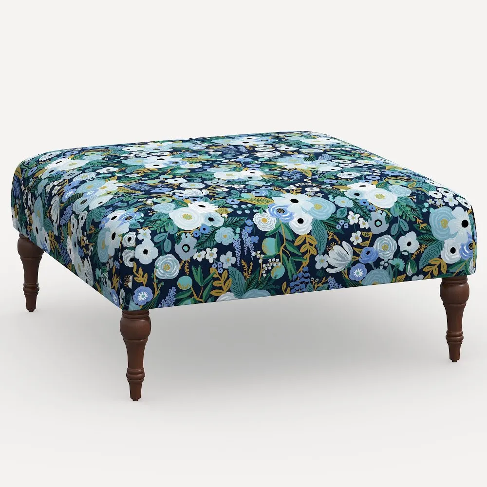 Rifle Paper Co. Greenwich Garden Party Blue Ottoman with Espresso Legs