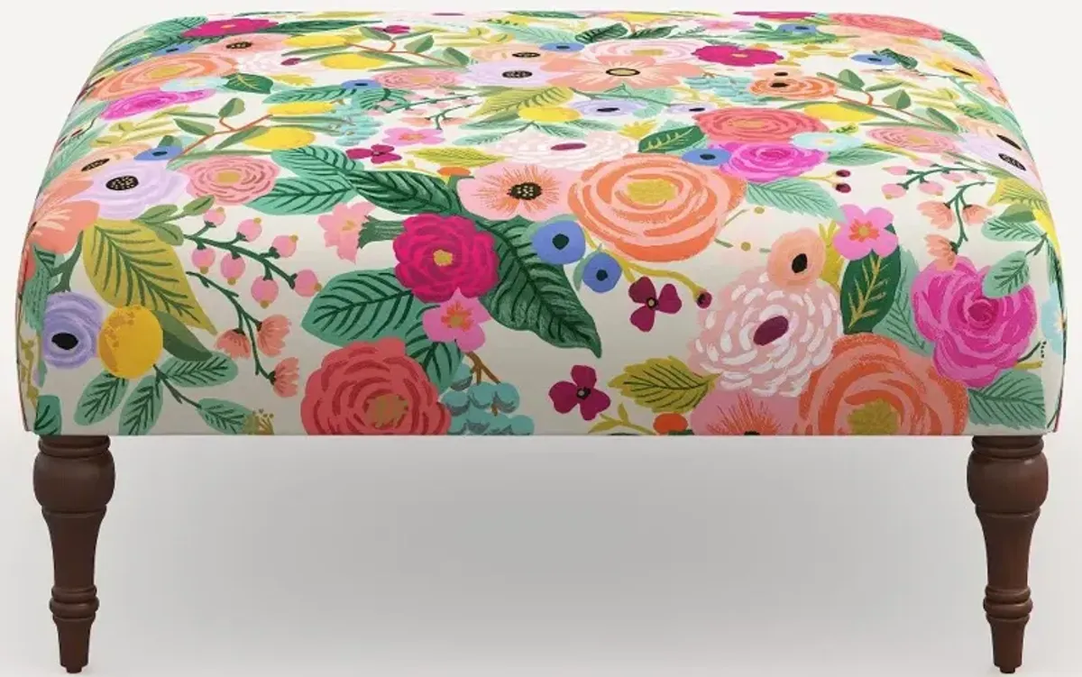 Rifle Paper Co. Greenwich Garden Party Pink Ottoman with Espresso Legs