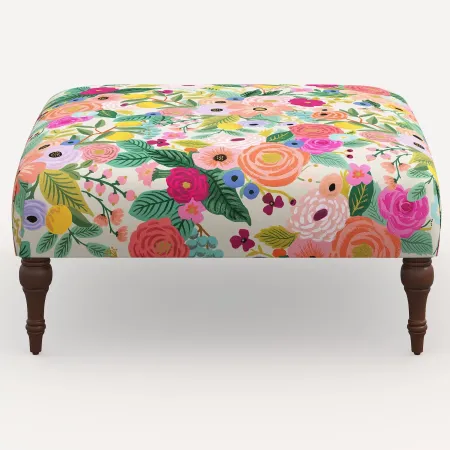 Rifle Paper Co. Greenwich Garden Party Pink Ottoman with Espresso Legs