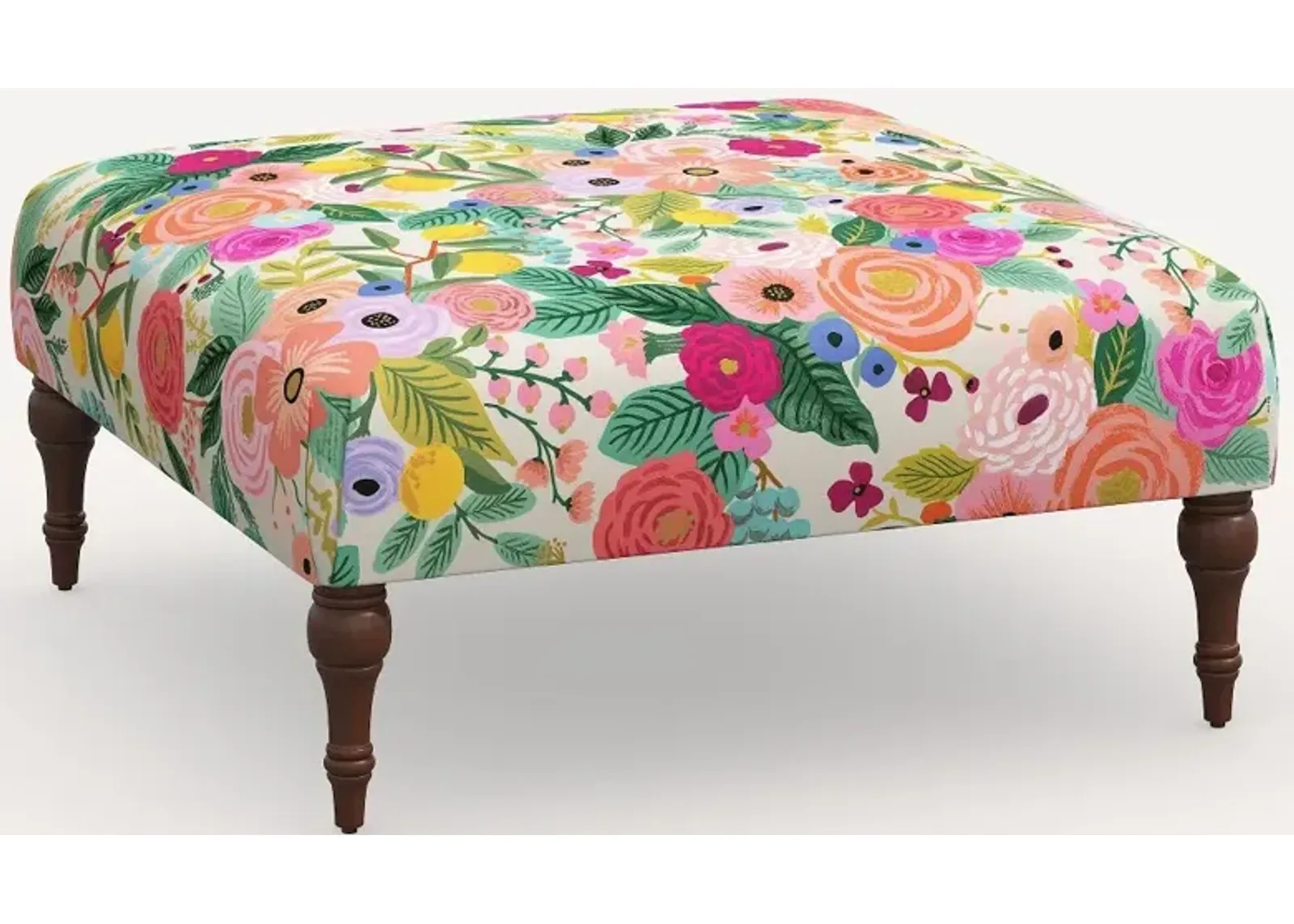 Rifle Paper Co. Greenwich Garden Party Pink Ottoman with Espresso Legs