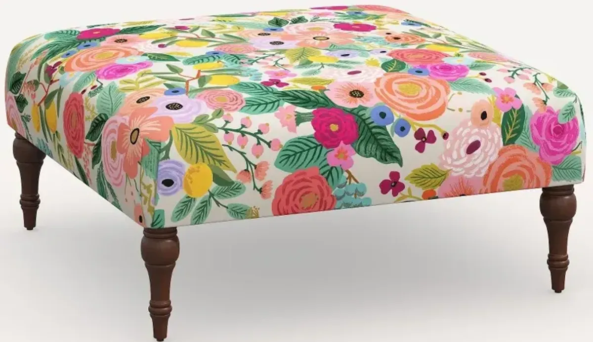 Rifle Paper Co. Greenwich Garden Party Pink Ottoman with Espresso Legs