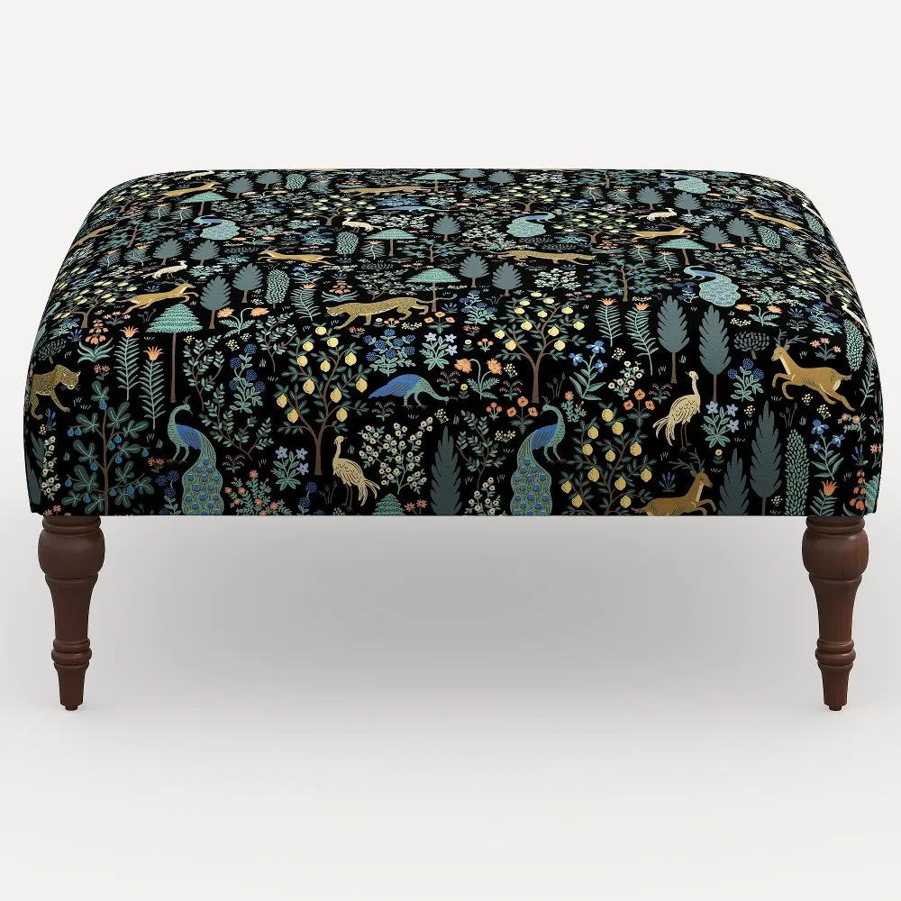 Rifle Paper Co. Greenwich Black Menagerie Ottoman with Espresso Legs