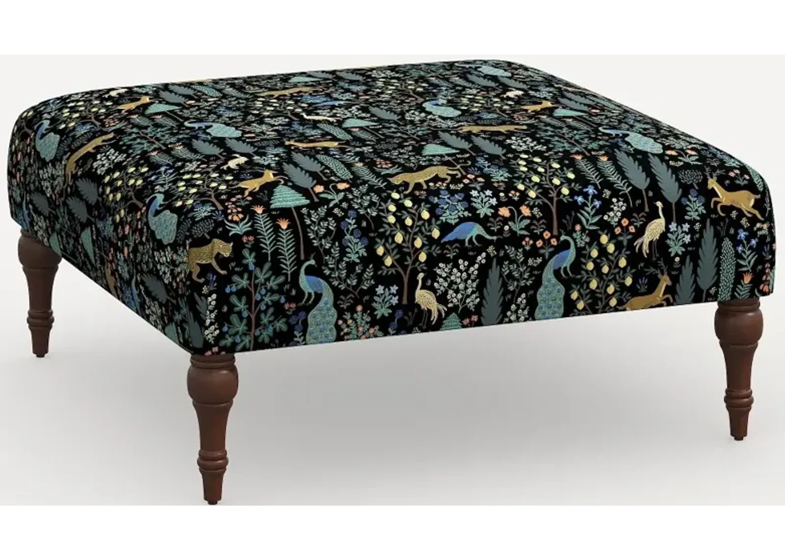 Rifle Paper Co. Greenwich Black Menagerie Ottoman with Espresso Legs